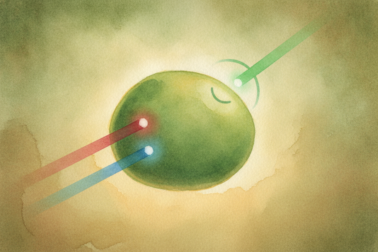++Chlorophyll++ is a **picky eater**. Out of that whole rainbow, it grabs the red light and the blue light hungrily and 