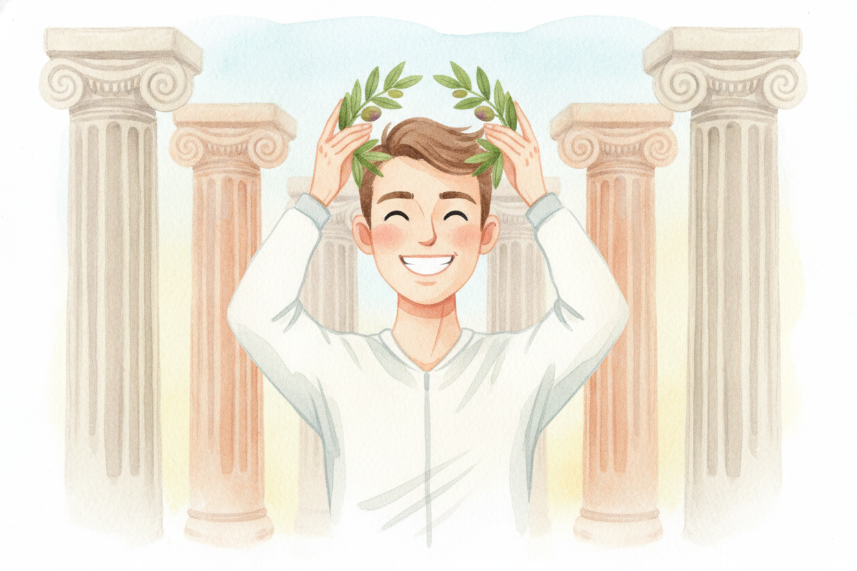 그리고 여기 **가장 다정한 메아리**가 있어요. 오늘날의 금메달은 눈부시게 빛나지만, ++그리스++에서 열리는 ++현대 올림픽++의 모든 우승자는 아직도 *소박한 잎사귀 선물*을 하나 받아요. 바로 올리브 가지로 
