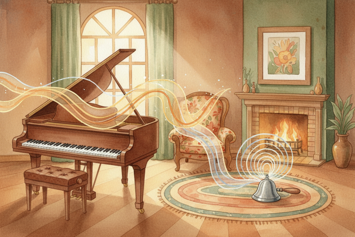 Imagine you're standing in a room where someone plays a single deep note on a piano—~~BOOM~~—and then a tiny bell goes ~