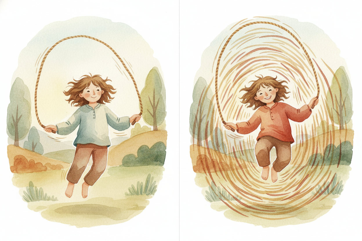 ~~Picture a jump rope.~~ If you turn it slowly, it makes **big lazy loops** in the air—one... two... three.... That's lo