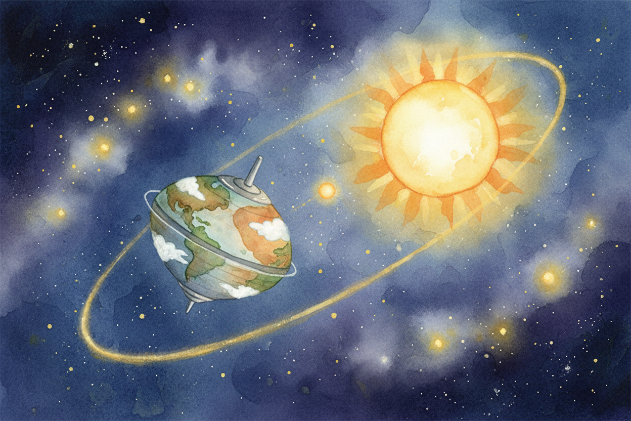 Earth takes a whole year to orbit around the sun — that's one big loop through space. ~~But here's the thing:~~ Earth do