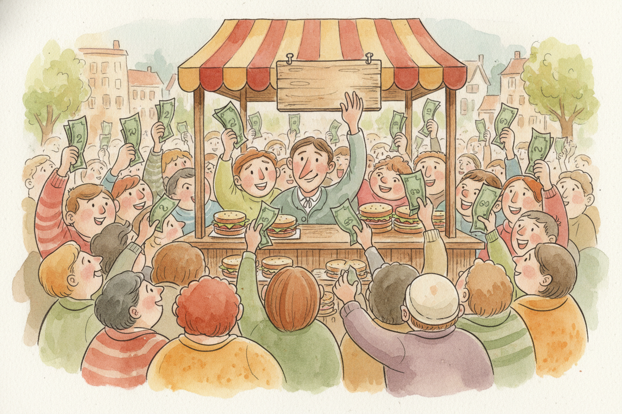At lunch, everyone rushes in with their $2, all wanting sandwiches. The sellers notice the crowd waving extra cash and t