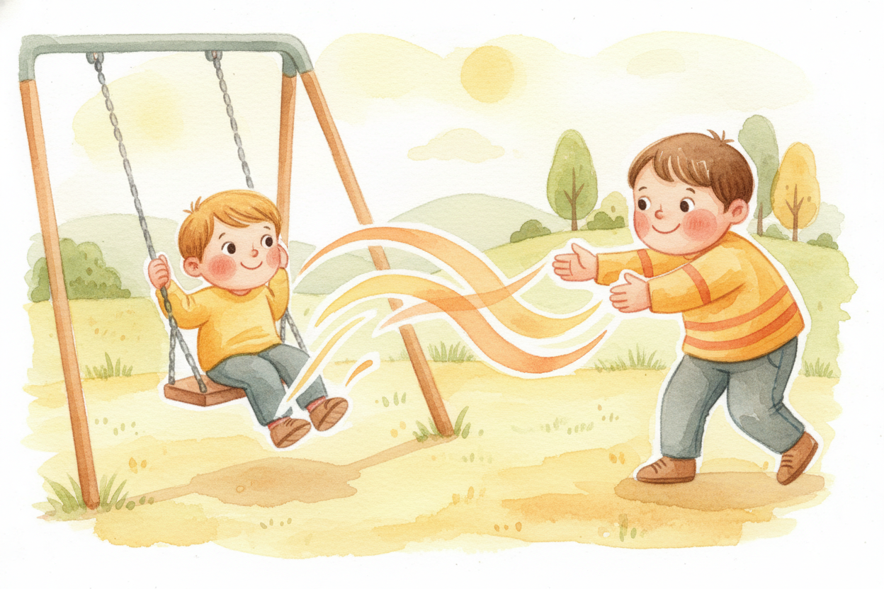 ~~Now here's where it gets interesting.~~ When you push the swing **at just the right moment**—right when it's already m