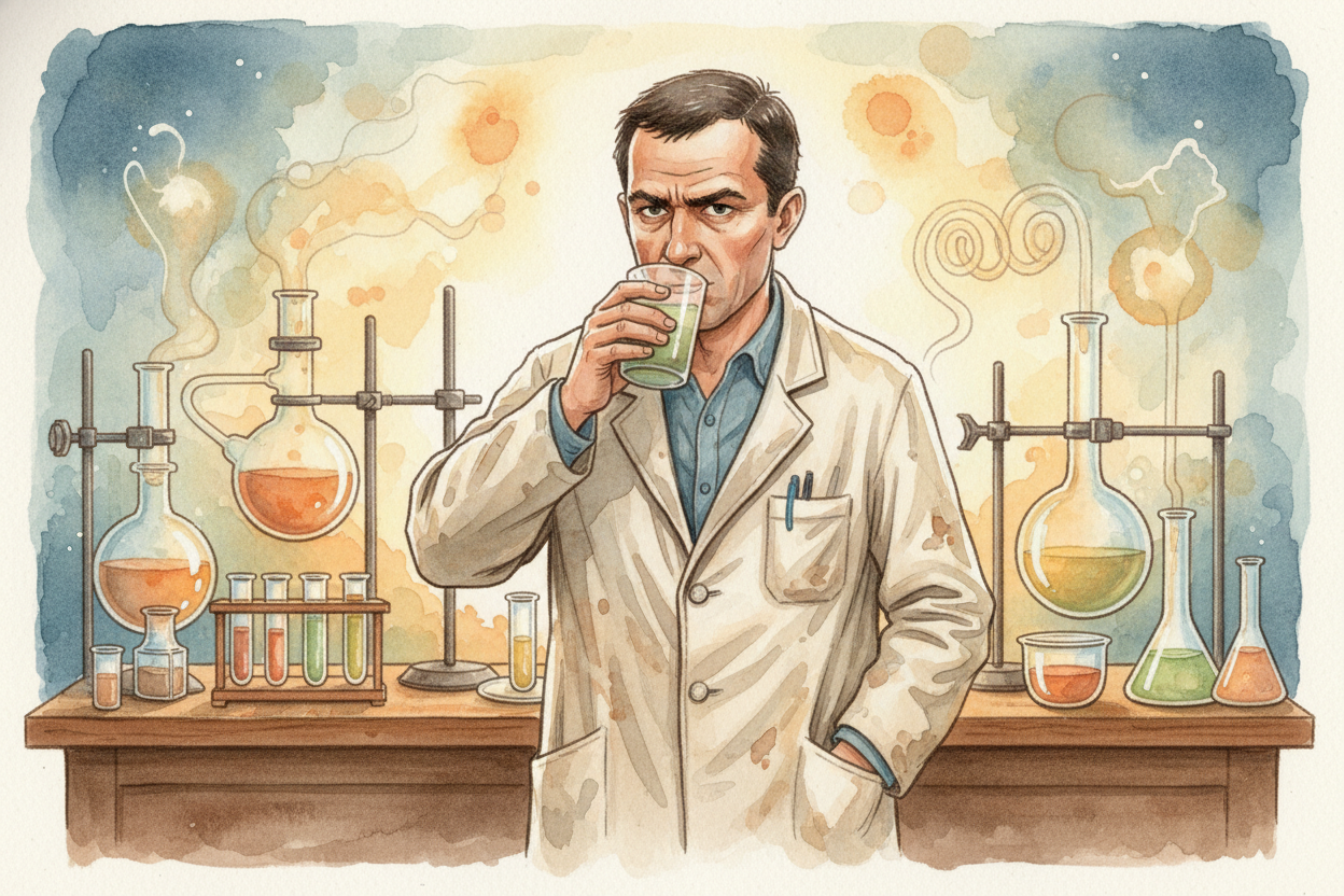 ~~Picture a scientist~~ lifting a cloudy glass to his lips — on purpose, with a crowd of doubters watching. Inside that 