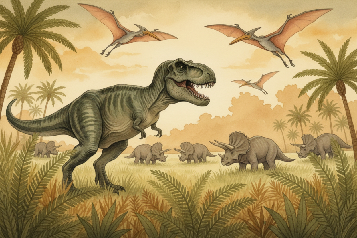 For 165 million years, dinosaurs ruled the planet. ++T. rex++ hunted in forests. ++Triceratops++ grazed in herds. ++Pter