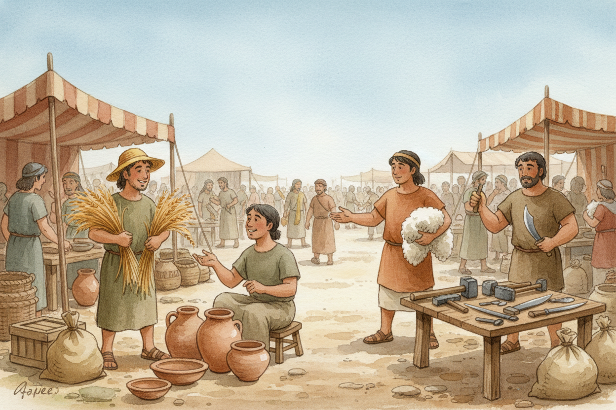 ~~Long before anyone stamped the first coin~~, people *traded stuff they had for stuff they wanted*. A farmer with extra