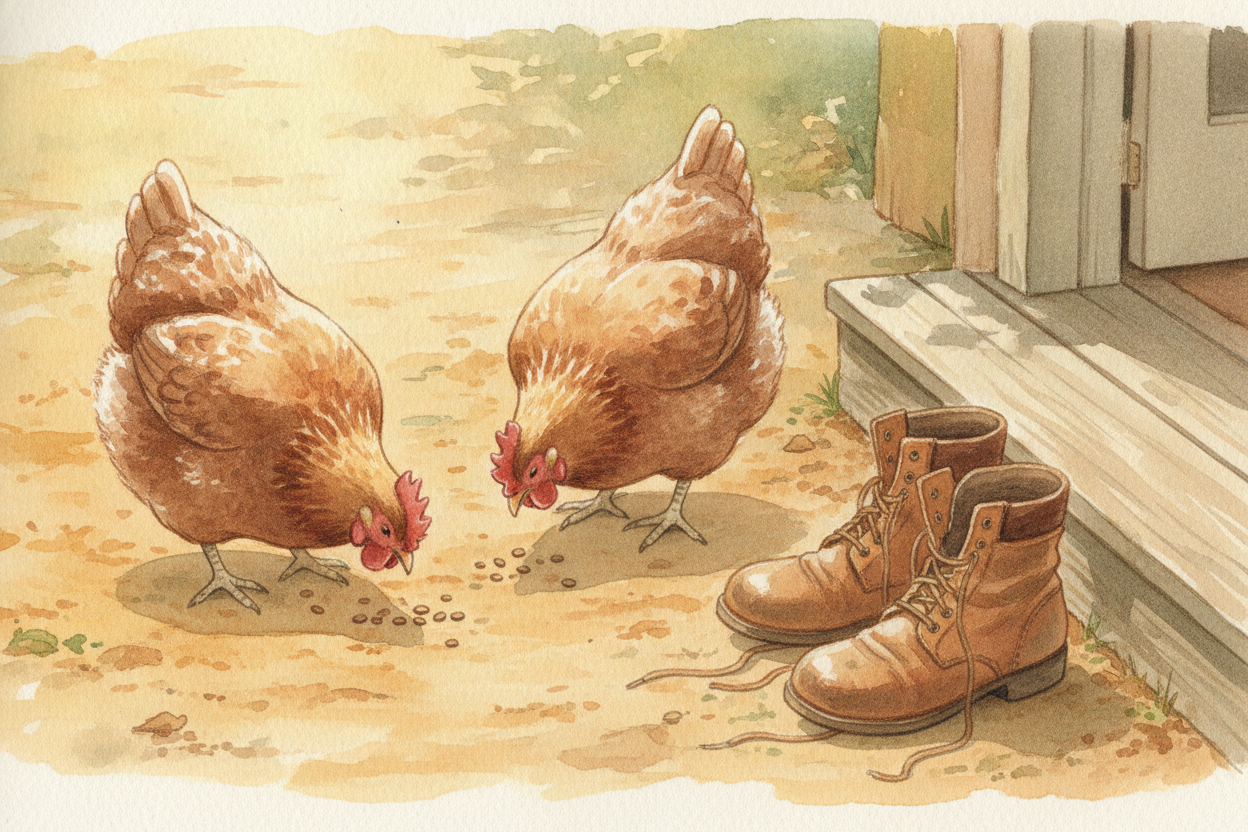 And those two chickens from page one? ~~They're finally off the hook~~ — free to cluck about while their owner struts pa
