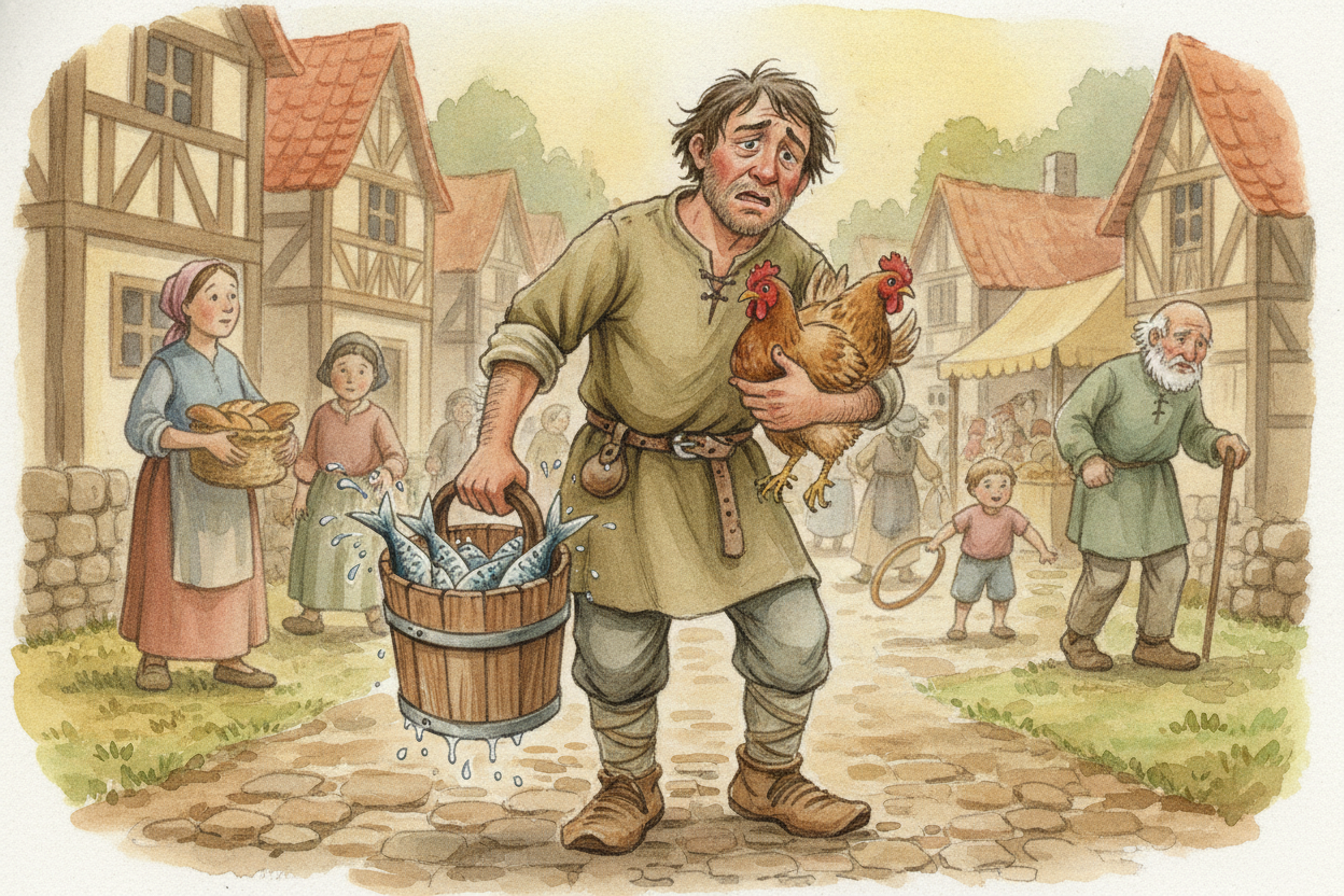 ~~Now picture the unlucky version.~~ You want boots. The bootmaker doesn't want chickens — he wants fish. So first you m