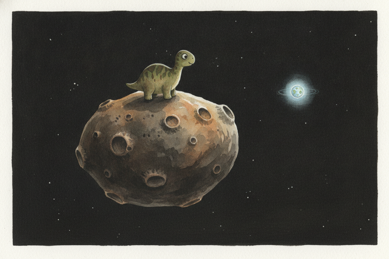~~The answer arrived from space.~~ A chunk of rock — an asteroid **roughly the size of a small mountain**, maybe six mil