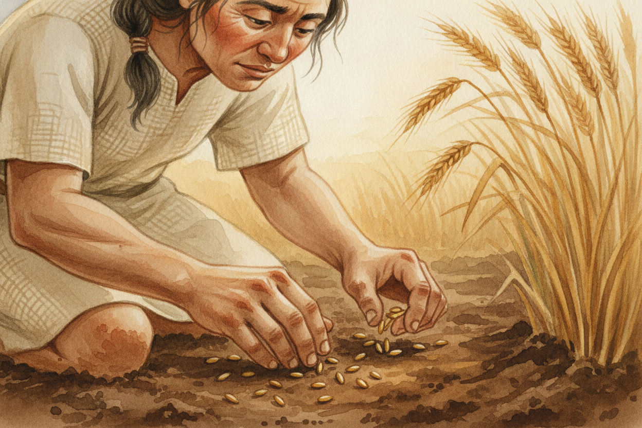 모든 것을 바꾼 비결은 **눈앞에 숨어 있던 발견**이었어요. 야생 풀, 곧 밀과 보리의 조상들은 씨앗을 땅에 떨어뜨렸어요. 그리고 씨앗을 묻으면, *몇 주 뒤* 씨앗이 가득한 식물 한 포기가 다시 자랐죠. **저녁