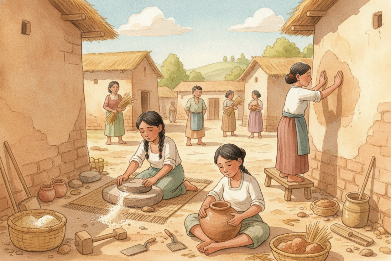 그리고 마을은 떠돌아다니는 삶으로는 **결코 할 수 없던 일을** 해냈어요. 사람들이 *차곡차곡 모여* 살게 한 거예요. 먹을 것이 많아지자 살아남는 아기들도 많아졌고, 가족들은 커졌어요. _이제 이웃이 생겼죠._ 