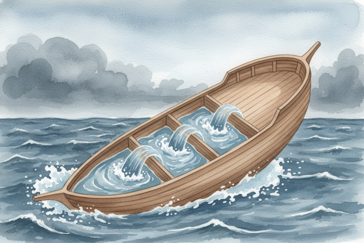 So the heavy flooded front pulled the bow downward, tipping the whole ship forward like a **slowly dipping seesaw**. As 