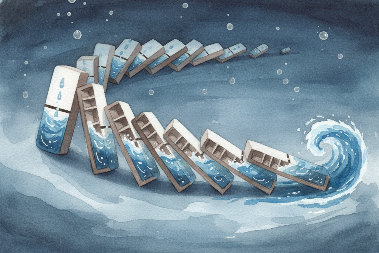 ~~That's the trap.~~ Each newly filled room dragged the bow lower, which let water spill into the next room, which dragg