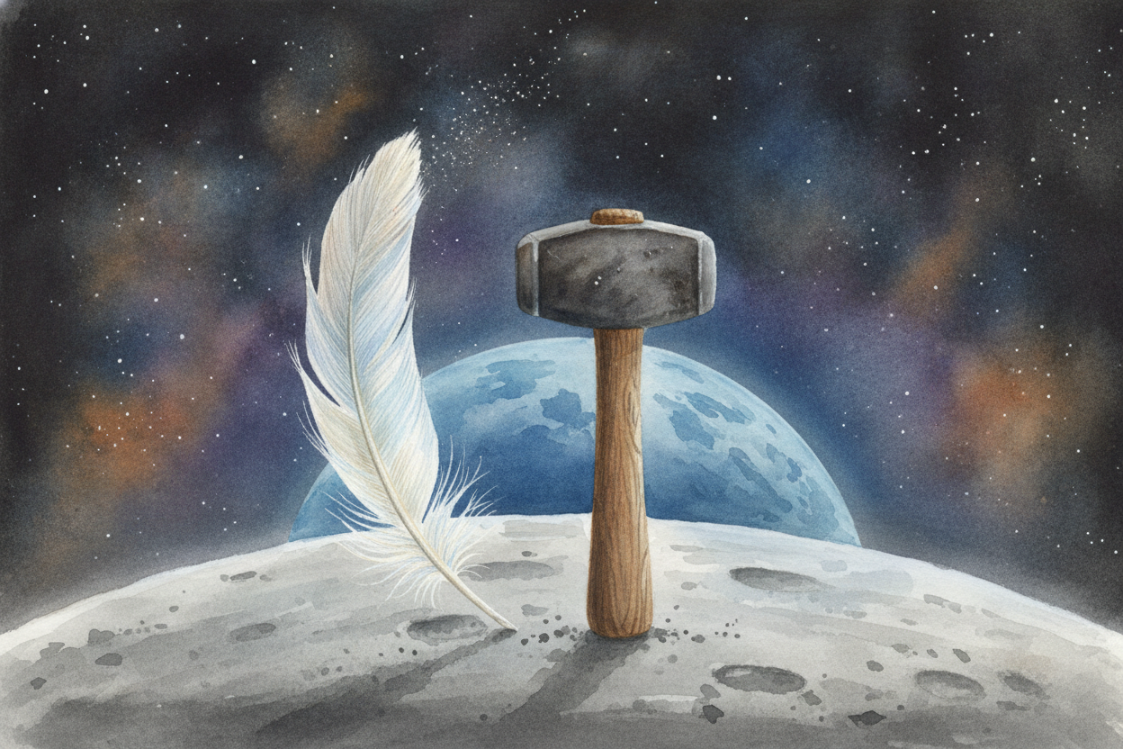 Picture two travelers standing on the ++Moon++: a fluffy feather and a chunky iron hammer. You'd bet the hammer wins the