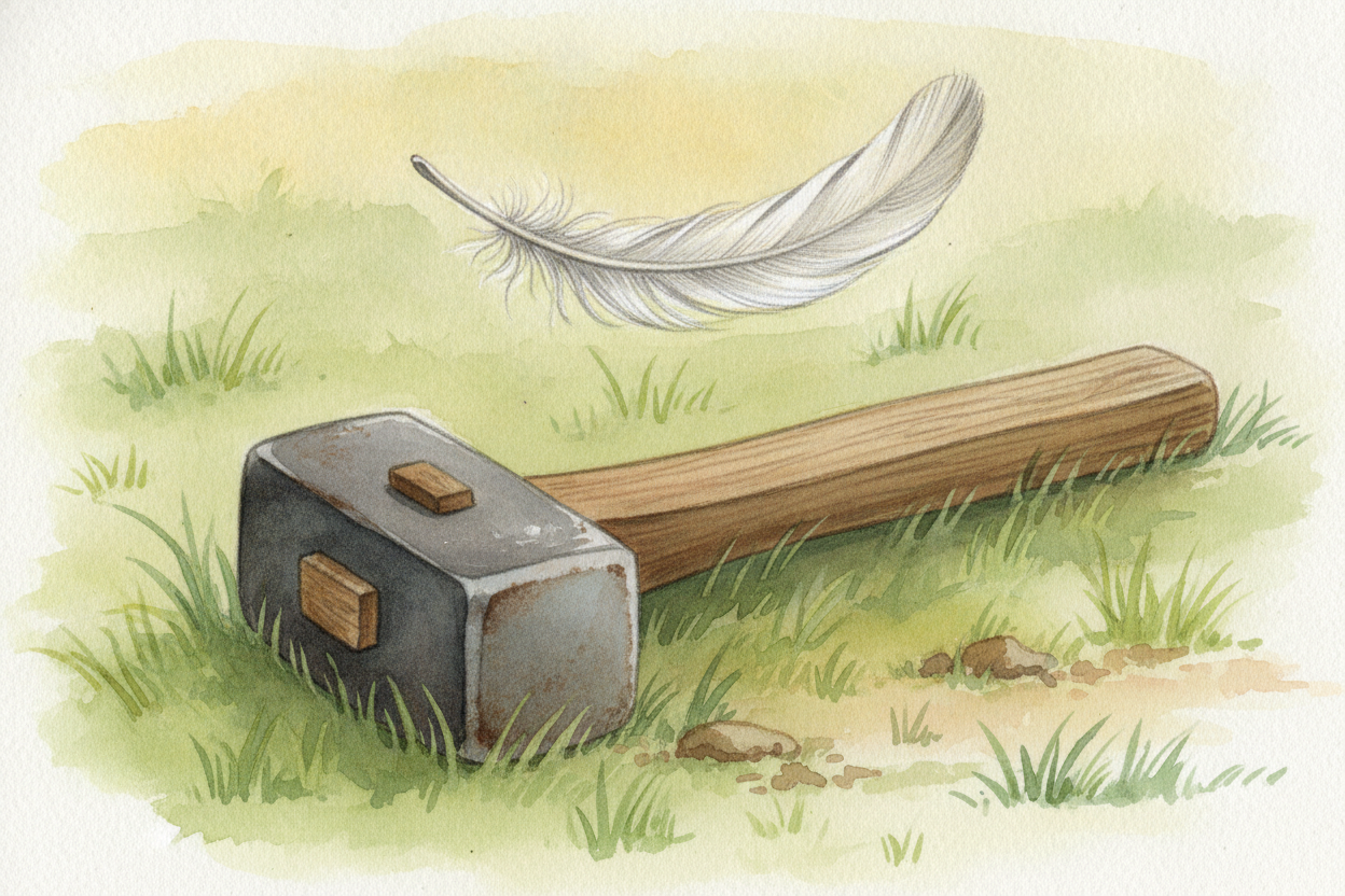 First, let's go home to Earth and drop them here. ~~The hammer thuds down fast.~~ The feather drifts, swings, and _takes