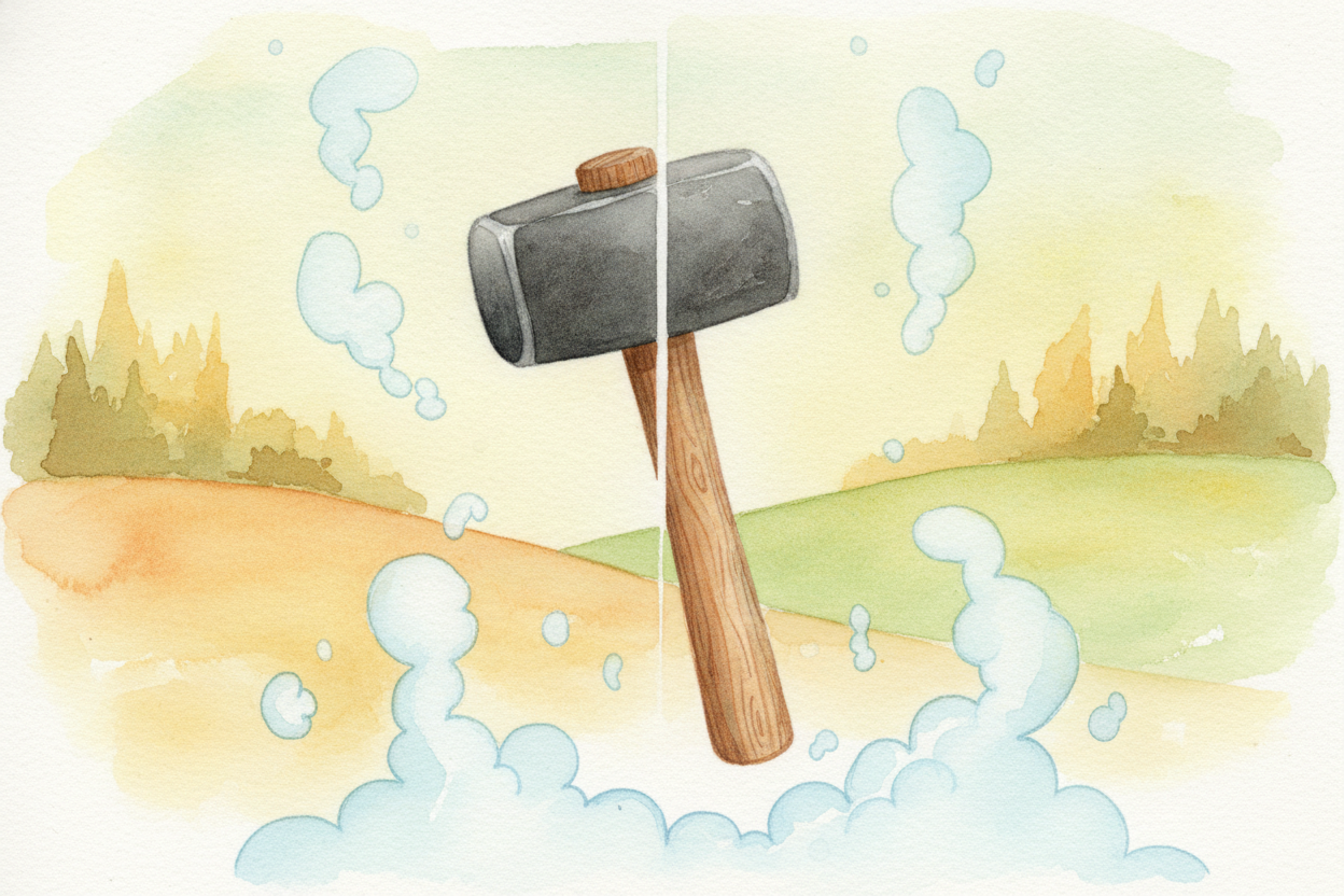 The hammer barely notices the air at all. It's small, dense, and heavy, so it just punches straight through the particle