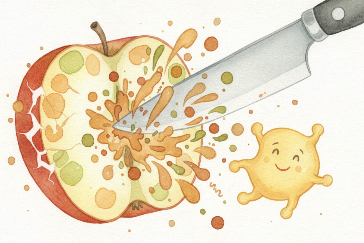 When you cut the apple, you slice through **millions of cells**. The walls break. ~~Everything that was separated spills