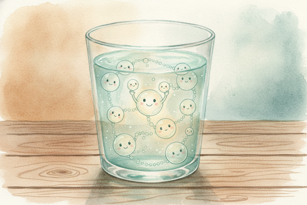 그러니 다음에 물 한 잔을 마실 때 *기억해 보세요.* 여러분은 **수조 개의 작은 우정을** 마시는 거예요. 원자들은 오래전에 **손을 잡았고**, _지금도 여전히_ 놓지 않고 있어요. ~~그걸 위해 건배!~~