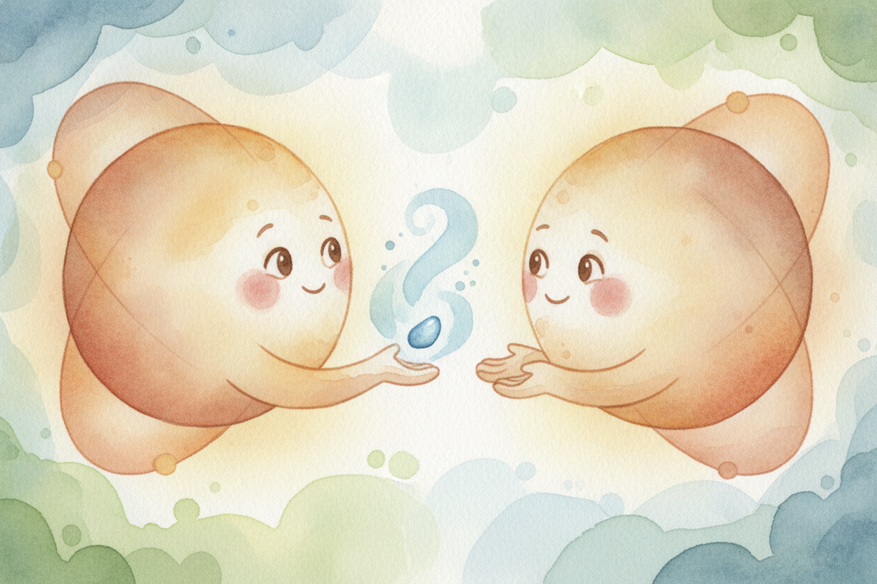 그래서 원자들은 *서로 주고받으며* 문제를 해결해요. 때로는 한 원자가 다른 원자에게 **전자를 그냥 건네주기도** 해요. 그러면 _한쪽도 행복하고_, 다른 쪽도 행복해지지요. 하지만 전자를 내어 주면 아주 작은 전