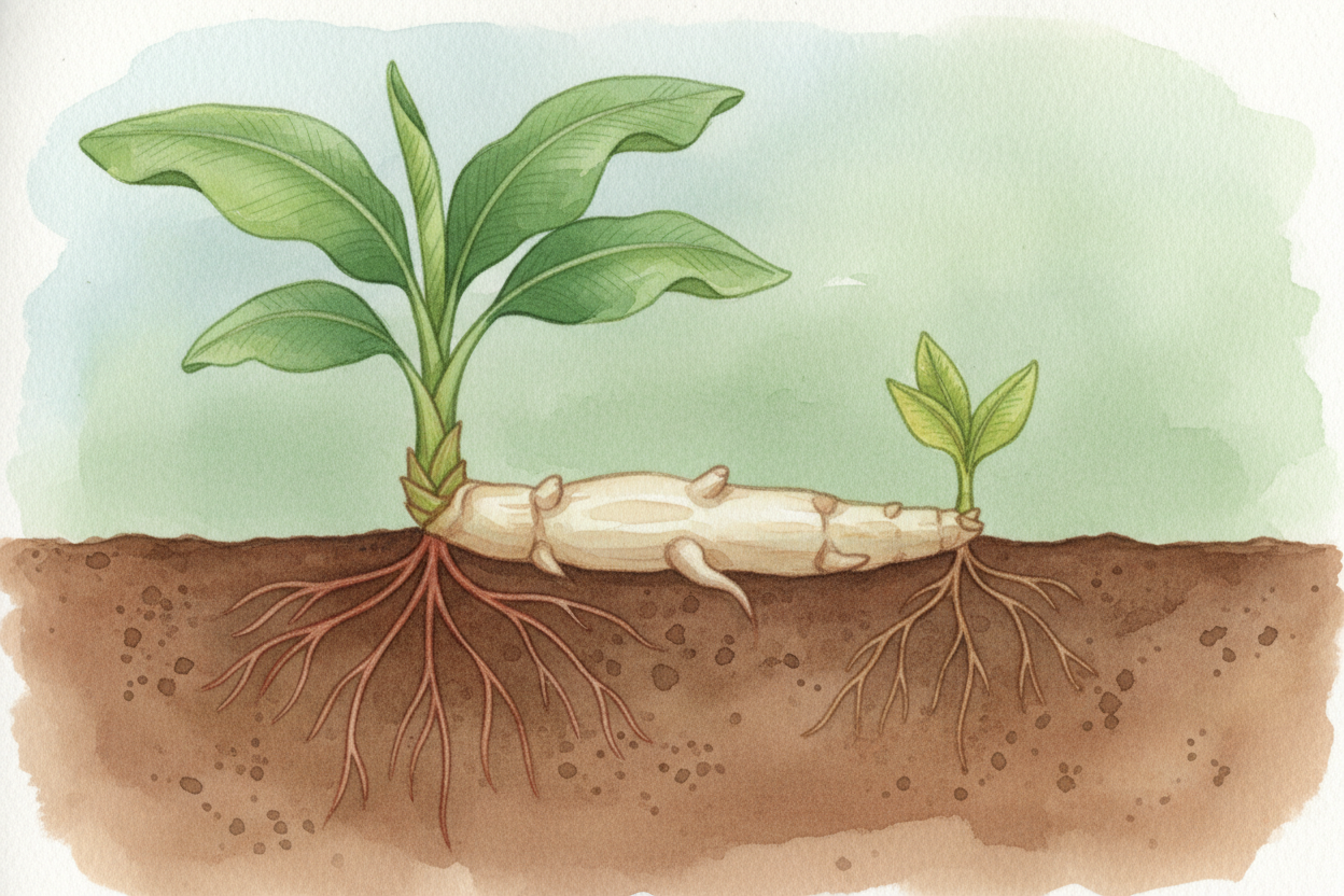 ~~Now here's the clever part.~~ Banana plants don't grow from seeds the way apple trees do. They grow from underground s