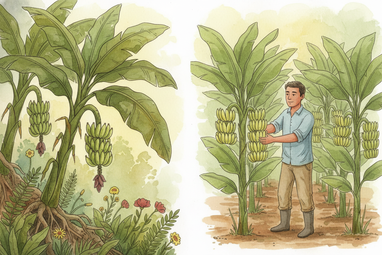Wild bananas still exist in the jungle, ~~seeds and all~~. But the soft seedless ones we eat **can't survive without us*