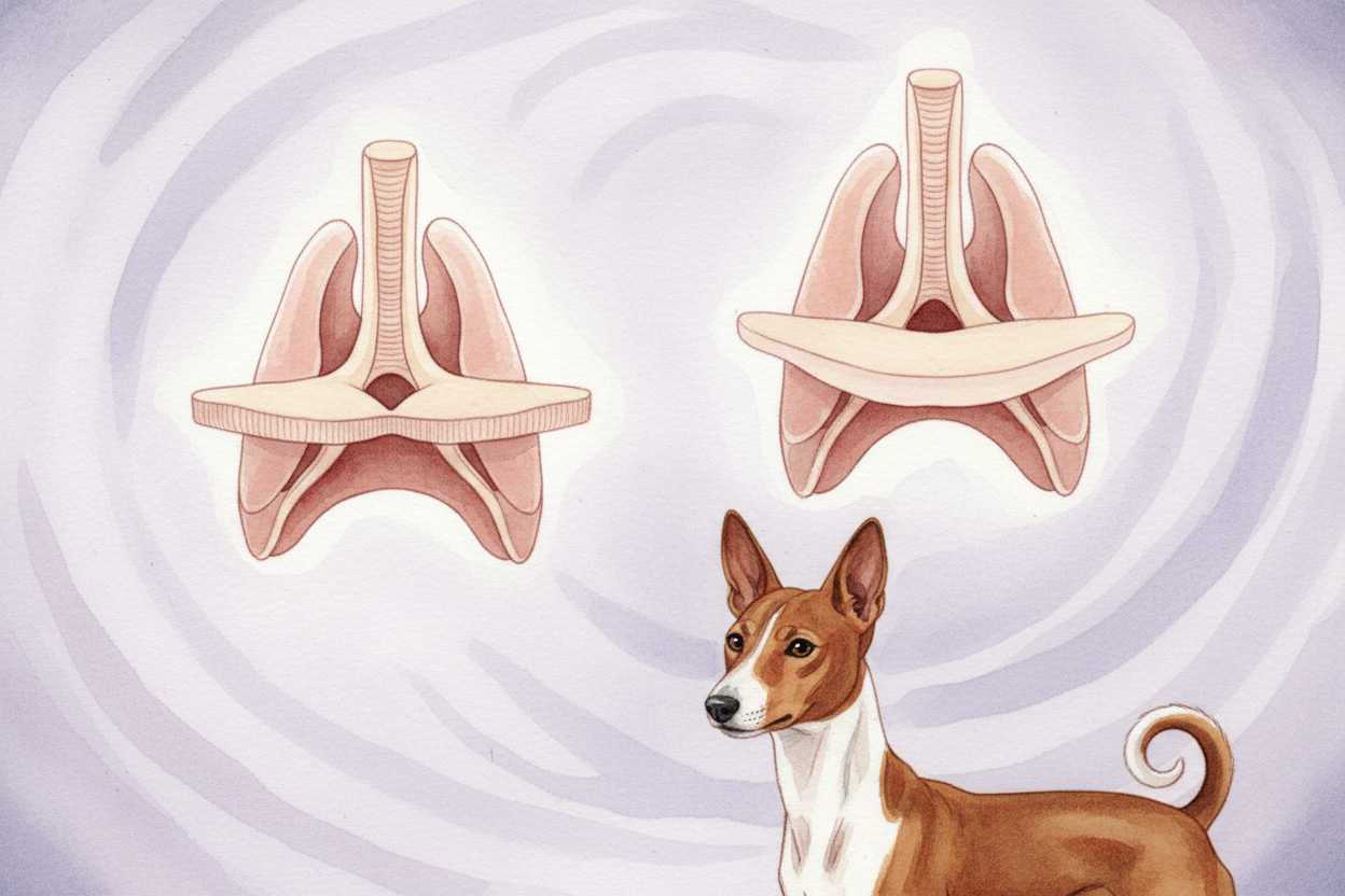 But a ++Basenji++'s larynx is shaped a little differently. Their voice box is **flatter and wider**, and their vocal cor