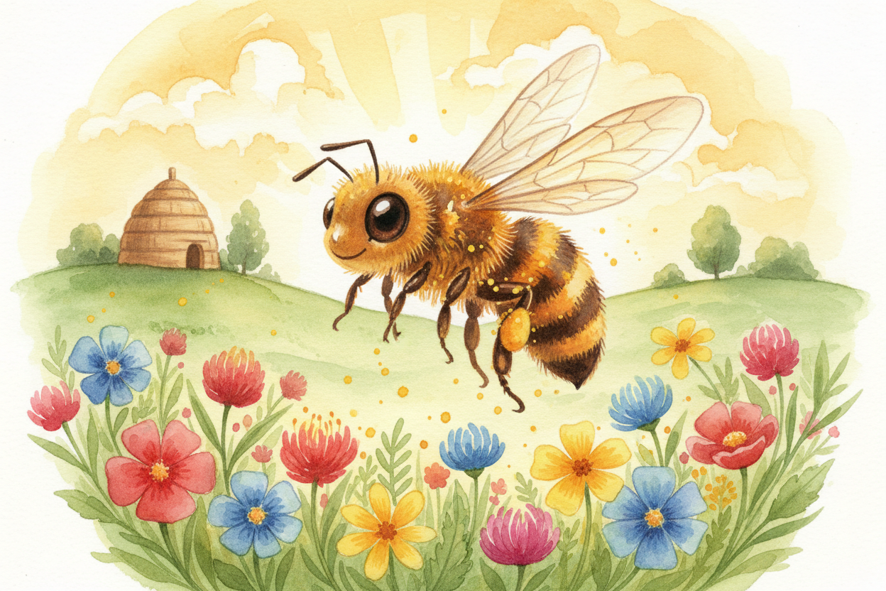 당신은 꿀벌이에요. 방금 벌집에서 **축구장 두 개만큼** 떨어진 곳에 *꿀이 가득한 들꽃밭*을 찾아냈어요. 집에는 **수백 마리의 자매들이** 좋은 것이 어디 있는지 듣고 싶어 기다리고 있지요. ~~하지만~~ 당신
