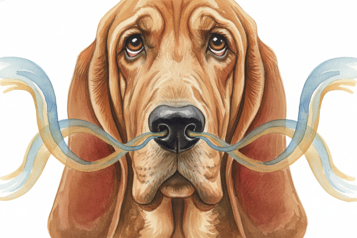 ~~Here's where it gets wild:~~ Bloodhounds can **smell in stereo**. *Each nostril works independently*, sniffing differe