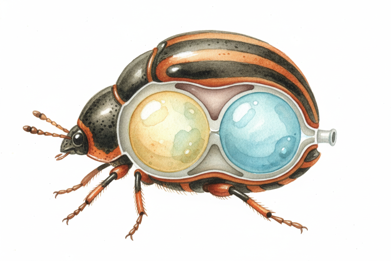 Most beetles, when a predator shows up, have to hide or fly away fast. The ++bombardier beetle++ carries a **built-in ch