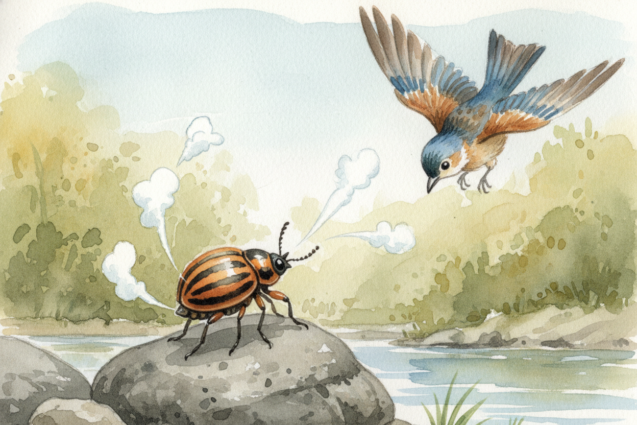~~The beetle aims the nozzle~~ — it can rotate it toward any threat, front, side, or back — and releases the valve. The 