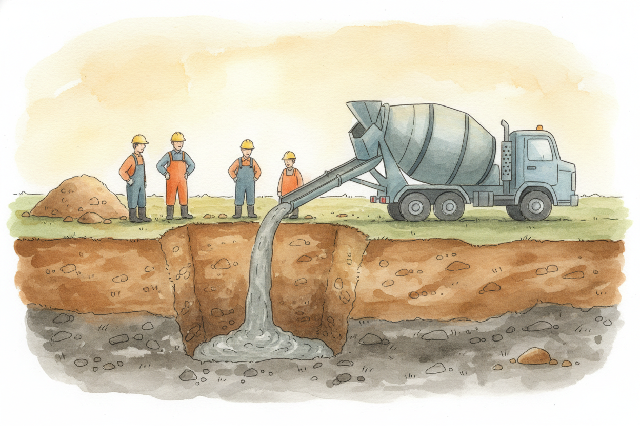 Most foundations are made of concrete — a **stone-hard mixture** of cement, sand, gravel, and water — poured into a hole