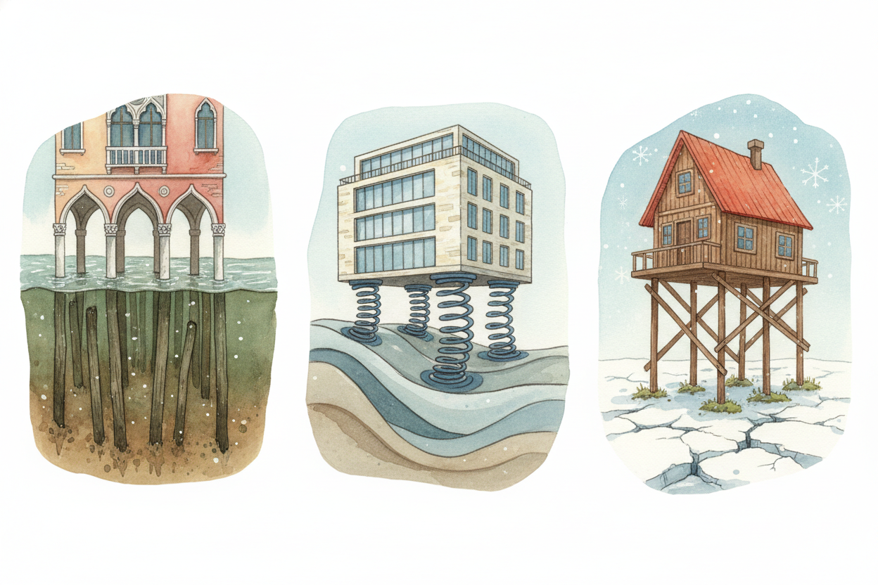 In some places, the challenge gets wild. In ++Venice, Italy++, buildings rest on wooden poles driven deep into the mud b
