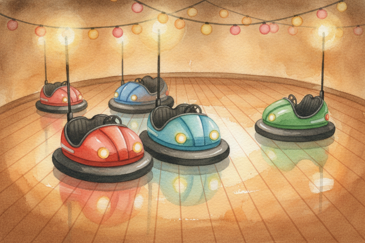 Bumper cars are tiny driving lessons in a shiny, giggly mystery: ~~bonk! bonk!~~ Why don’t they just crumple together an