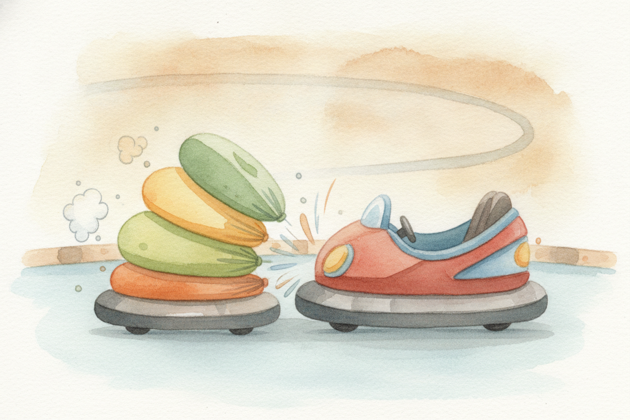 Squashing matters because moving cars have ++momentum++, which is the “keep going” part of motion. When a car bumps some
