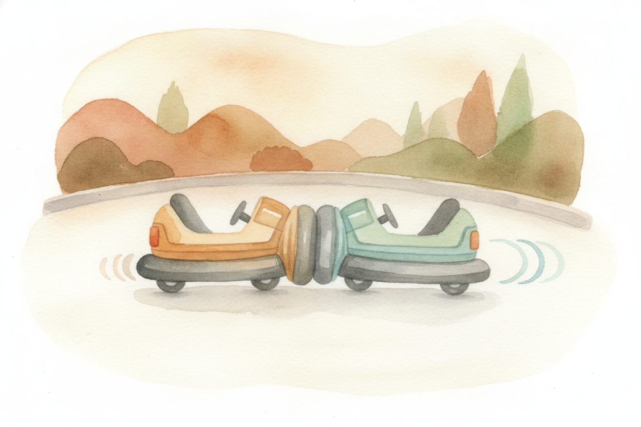 That push happens on both cars **at once**. Each car presses on the other, and each gets pressed back just as much. If o