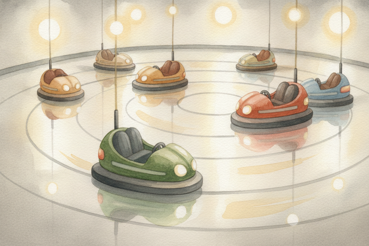 The floor helps too. Bumper cars are made to **slide and turn easily**, so when they get pushed, they can scoot away ins