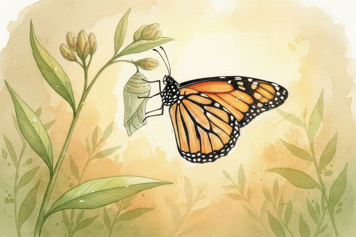 ~~Two weeks later~~, the chrysalis splits open and out climbs a butterfly — **totally new body, totally new life**. Now 