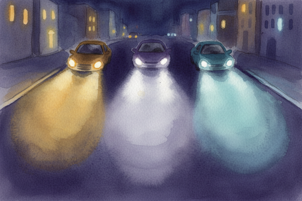 ~~You've probably noticed it~~ on a dark road: some cars glow **warm yellow**, others beam **crisp white**, and a few fl