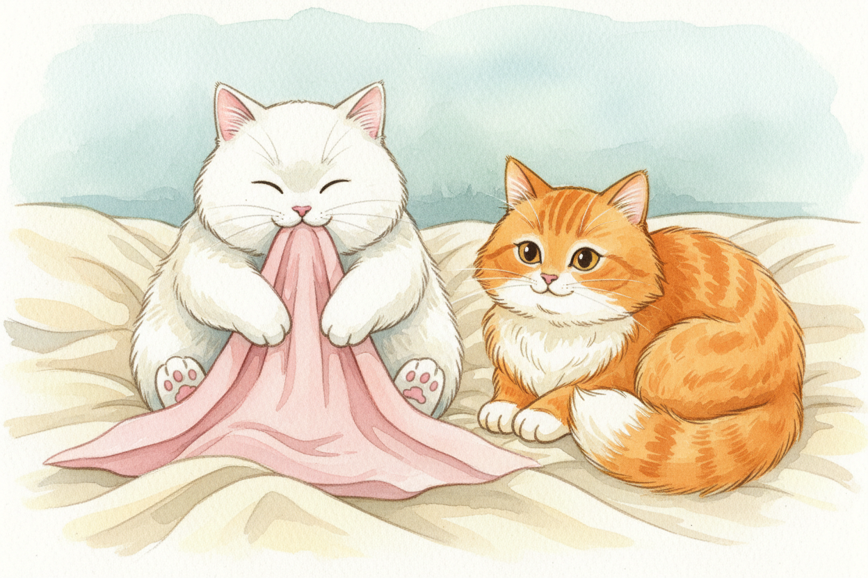 어떤 고양이들은 *한 걸음 더 나아가요.* 담요를 꾹꾹 누르면서 동시에 빨기도 해요. 젖을 먹는 아기 고양이처럼 모서리를 입에 물고요. ~~우스꽝스러워 보이죠.~~ 다 큰 포식자가 플리스 담요를 오물오물하고 있으니까