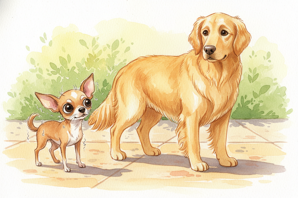 You've seen it happen. A tiny ++Chihuahua++ stands on the sidewalk, legs stiff, whole body **trembling like a leaf in a 