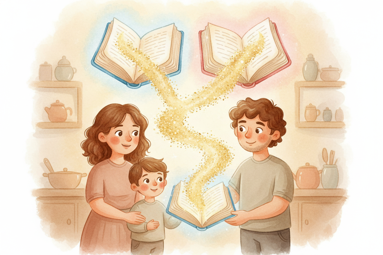 ~~Now here's the magic part.~~ You didn't write your own recipe book. You were given it — **half from one parent, half f