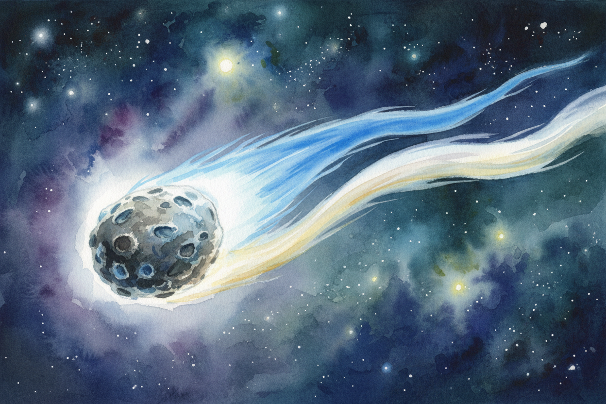 When the solar wind ~~slams into~~ the comet's coma, it shoves the gas backward, away from the Sun. At the same time, **