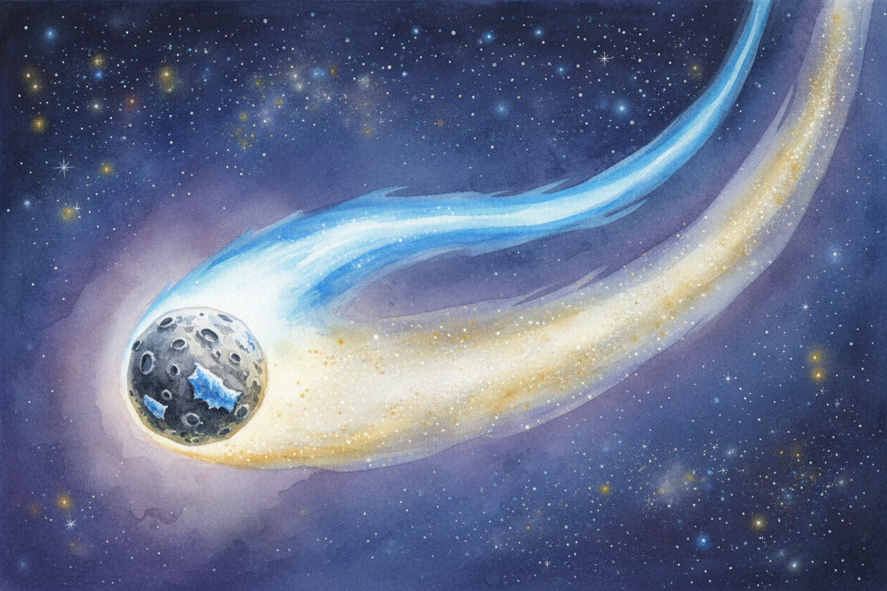 The gas tail glows blue because the solar wind makes the gas molecules light up, **like a neon sign**. The dust tail glo