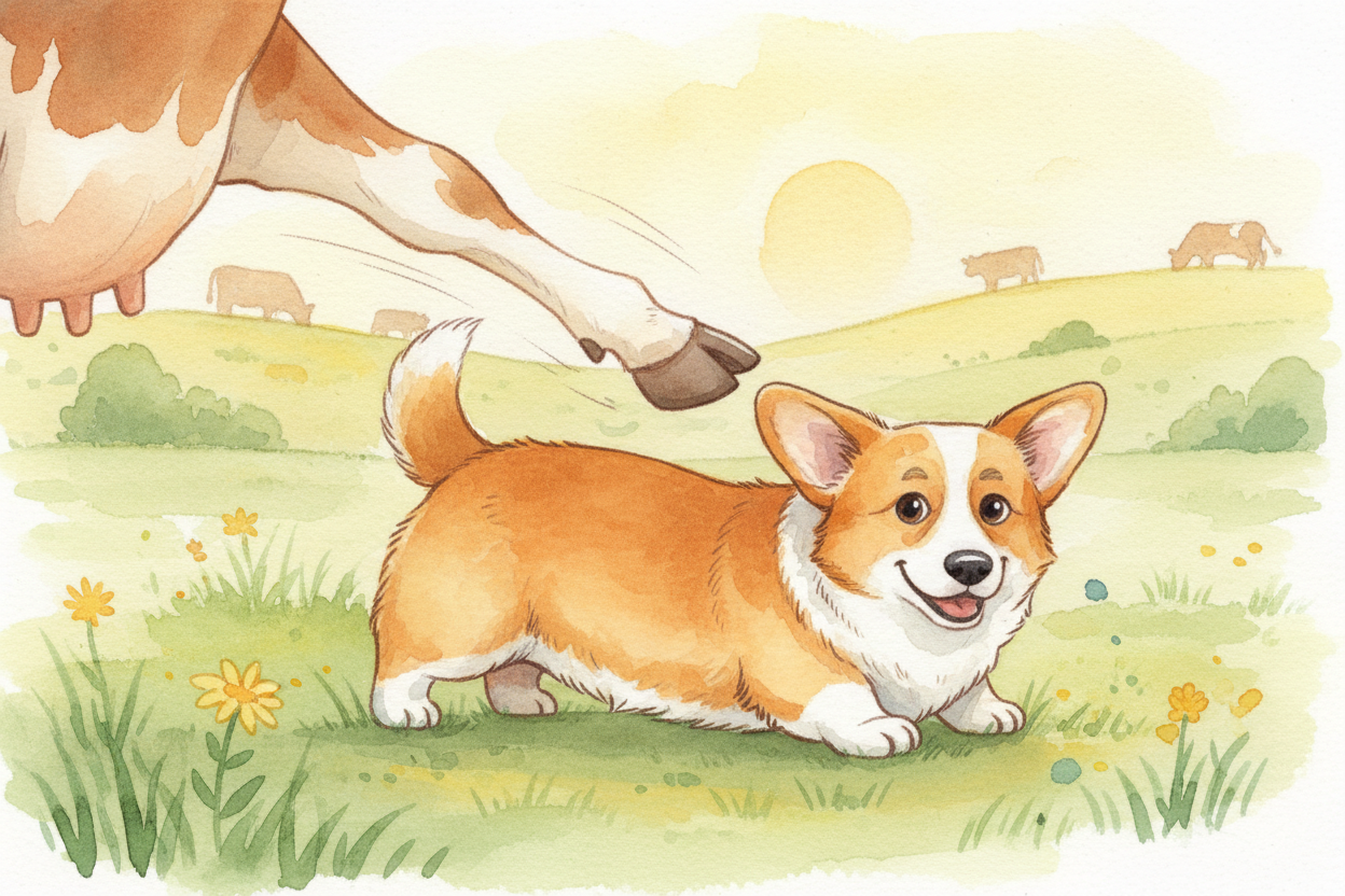 ~~Here's where the short legs become genius.~~ When a Corgi nips at a cow's ankle to steer it, the cow kicks back — **fa