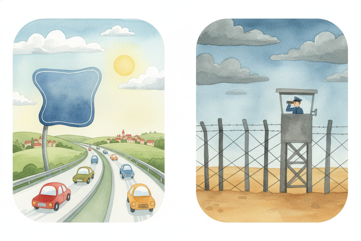 Today, some borders have walls and guards checking passports. Others are just signs by the road — you drive past and you