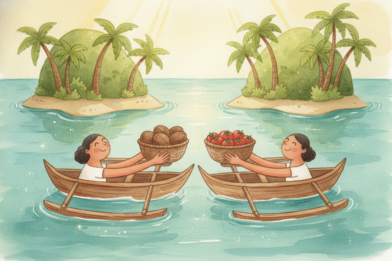 ~~You trade!~~ You sail over with a basket of coconuts. They meet you with a basket of tomatoes. You swap. Now you've bo
