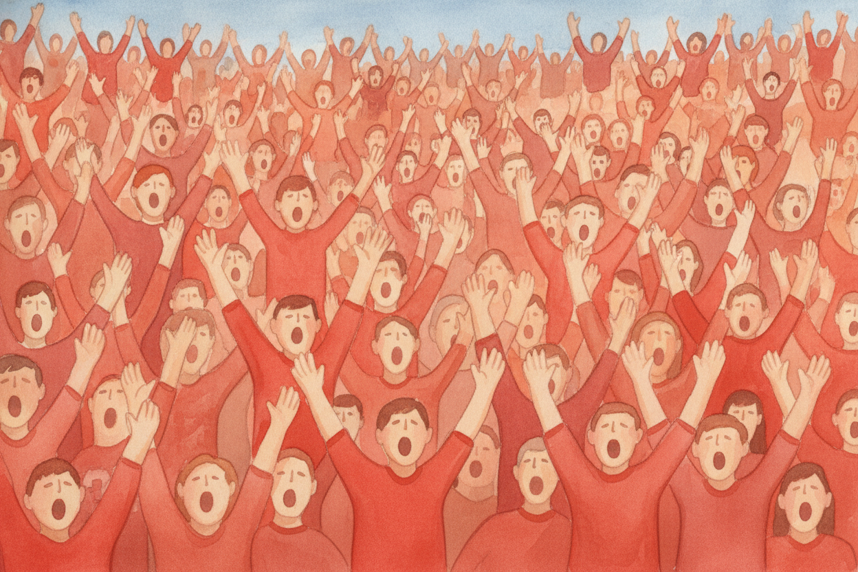 ~~Crowds also make us braver~~ — or at least, they make us feel anonymous. If you're wearing the same jersey as twenty t