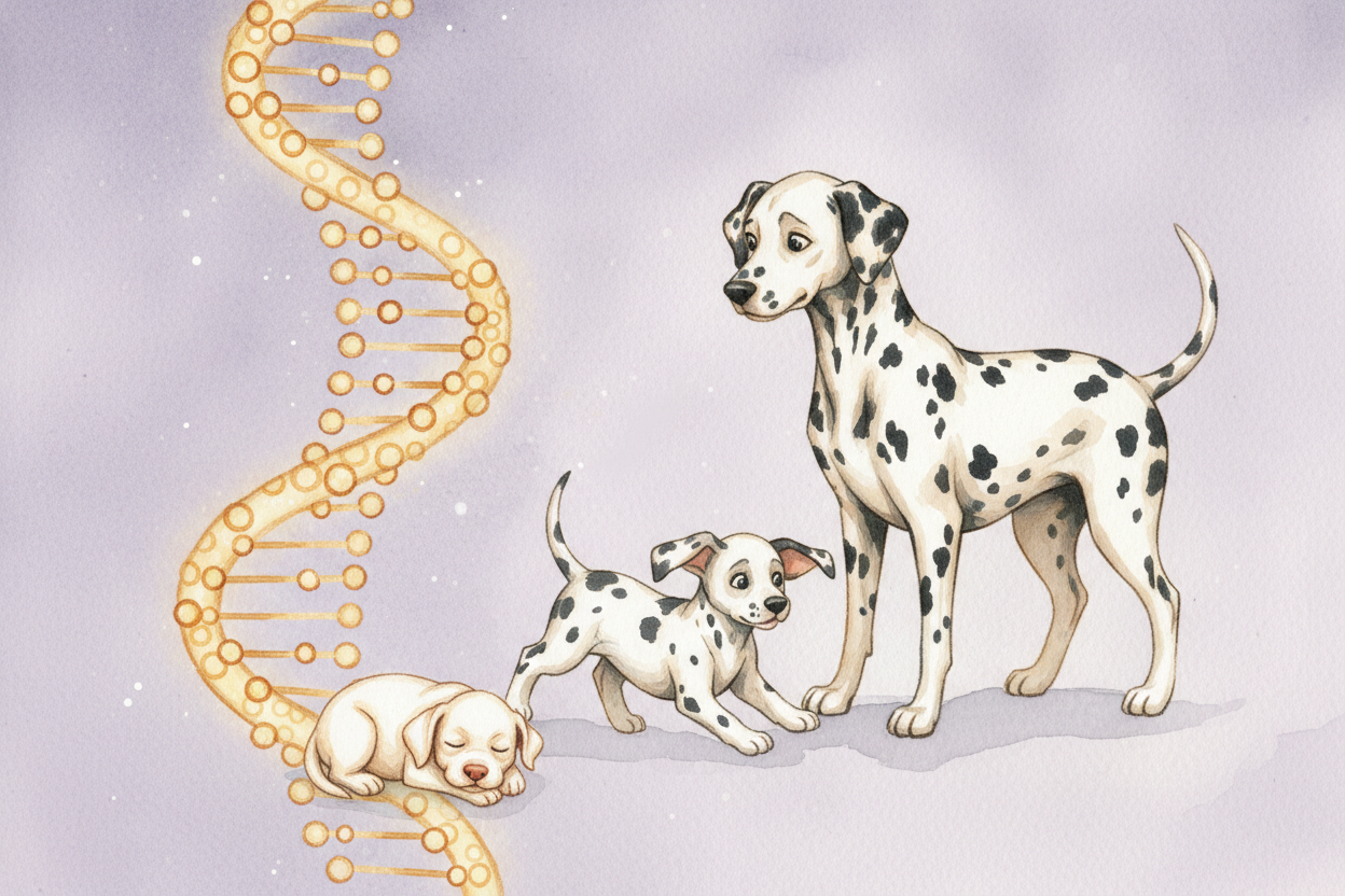 ~~The spots aren't magic, of course~~ — they're instructions written in the puppy's ++DNA++. Every Dalmatian is born wit