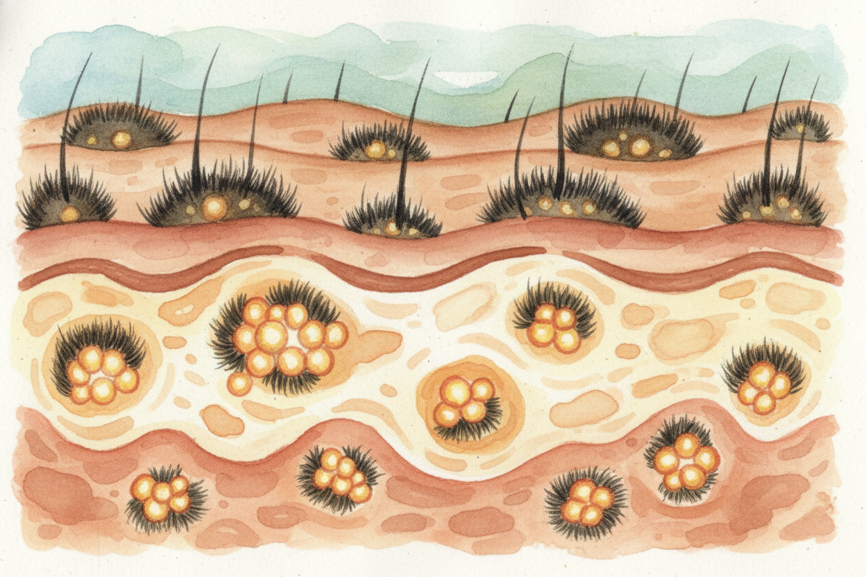 The melanocytes aren't spread evenly across the puppy's skin — they're clustered in patches, **like paint splatters**. W