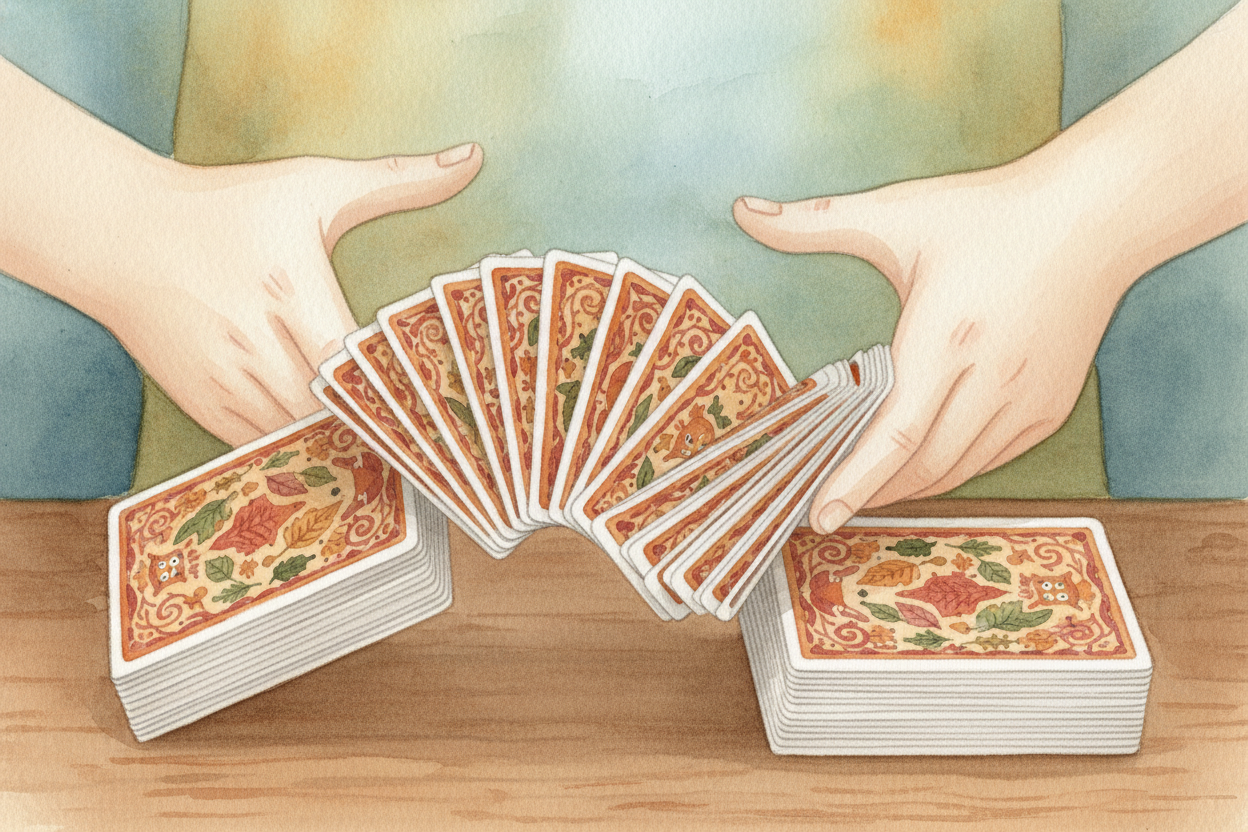 Cards use a different trick. A deck has fifty-two cards — four suits of thirteen ranks each — and they're all identical 